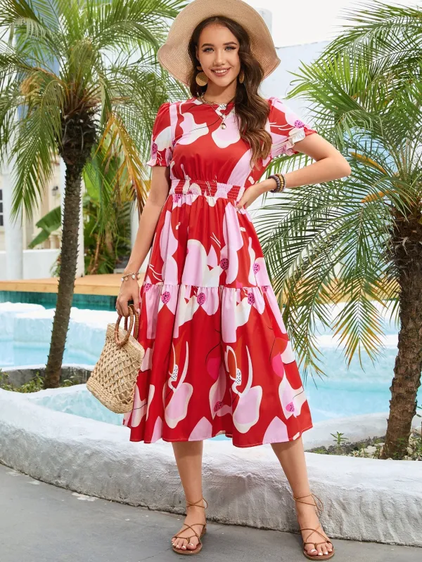 Printed Round Neck Flounce Sleeve Midi Dress sold by Unique Kulture