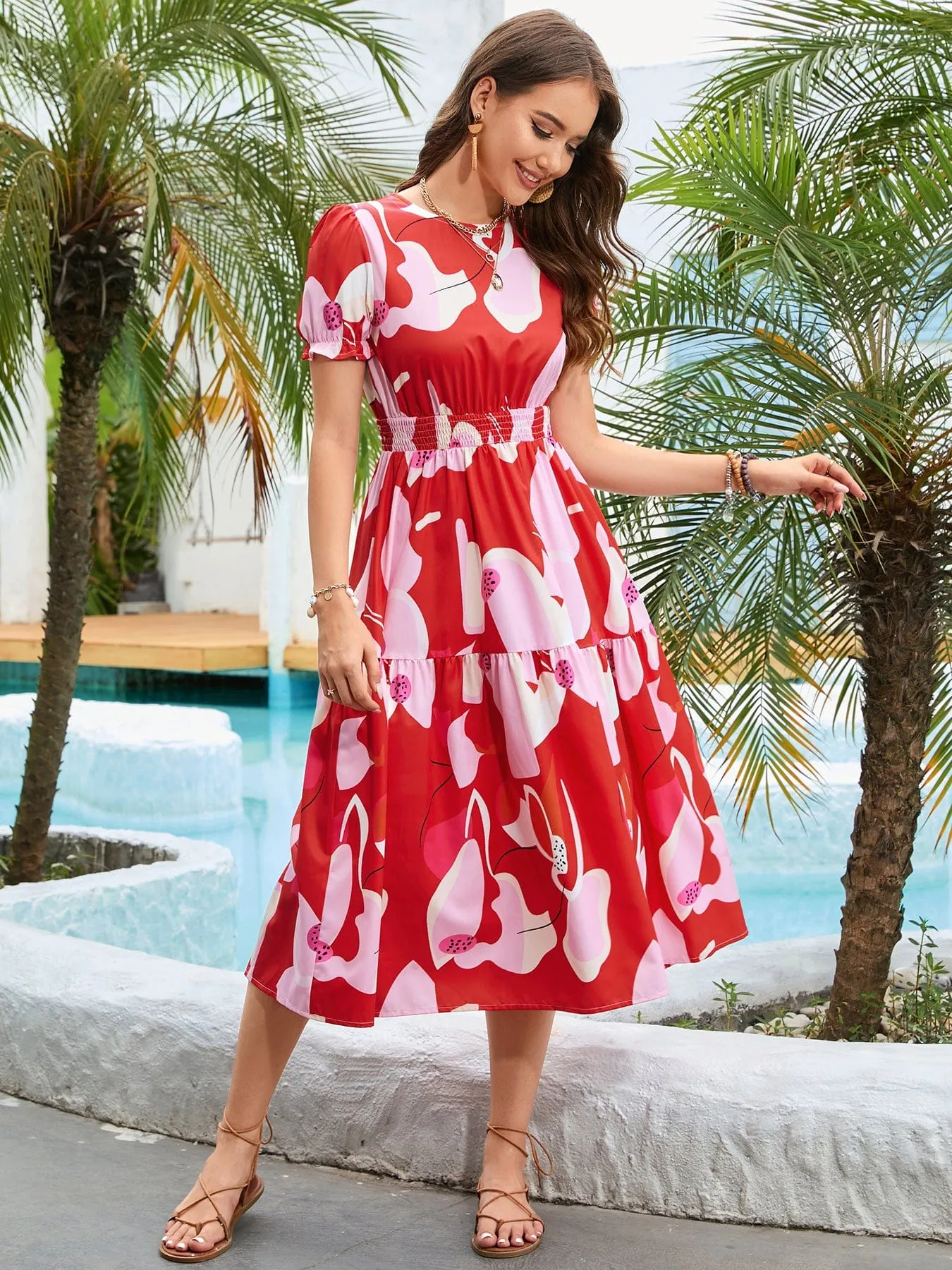 Printed Round Neck Flounce Sleeve Midi Dress sold by Unique Kulture product image thumbnail 3