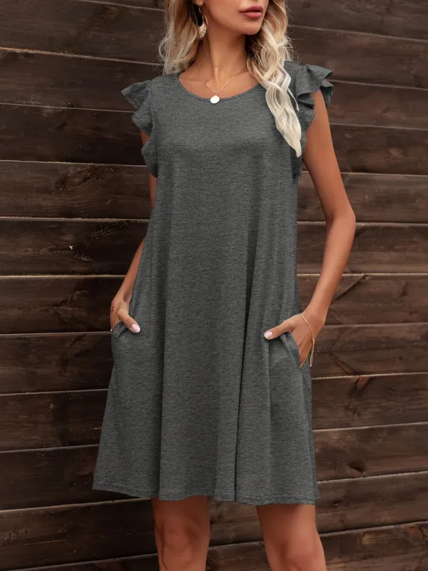 Round Neck Flutter Sleeve Dress with Pockets sold by Unique Kulture