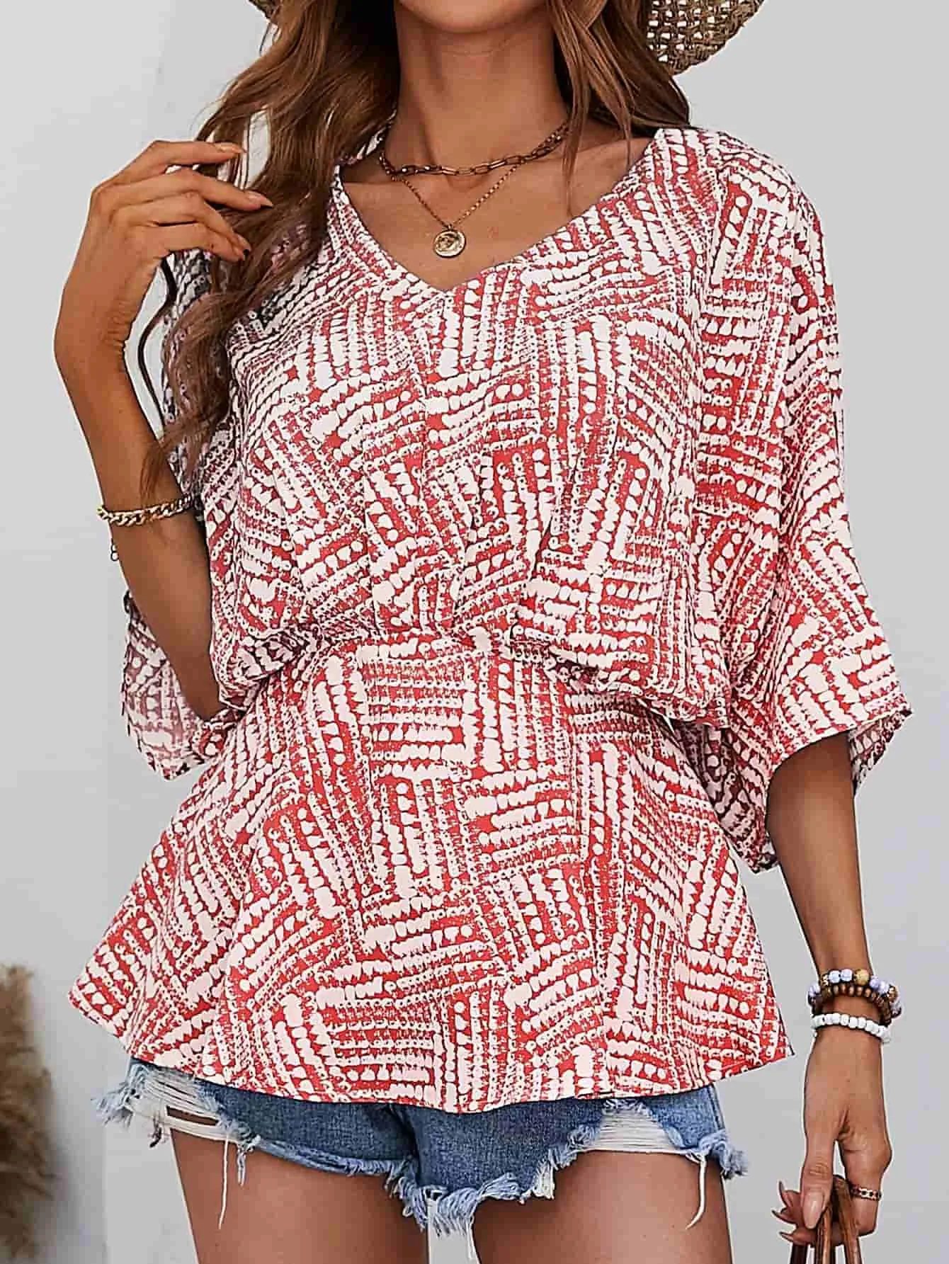 Printed V-Neck Dolman Sleeve Blouse sold by Unique Kulture product image thumbnail 5