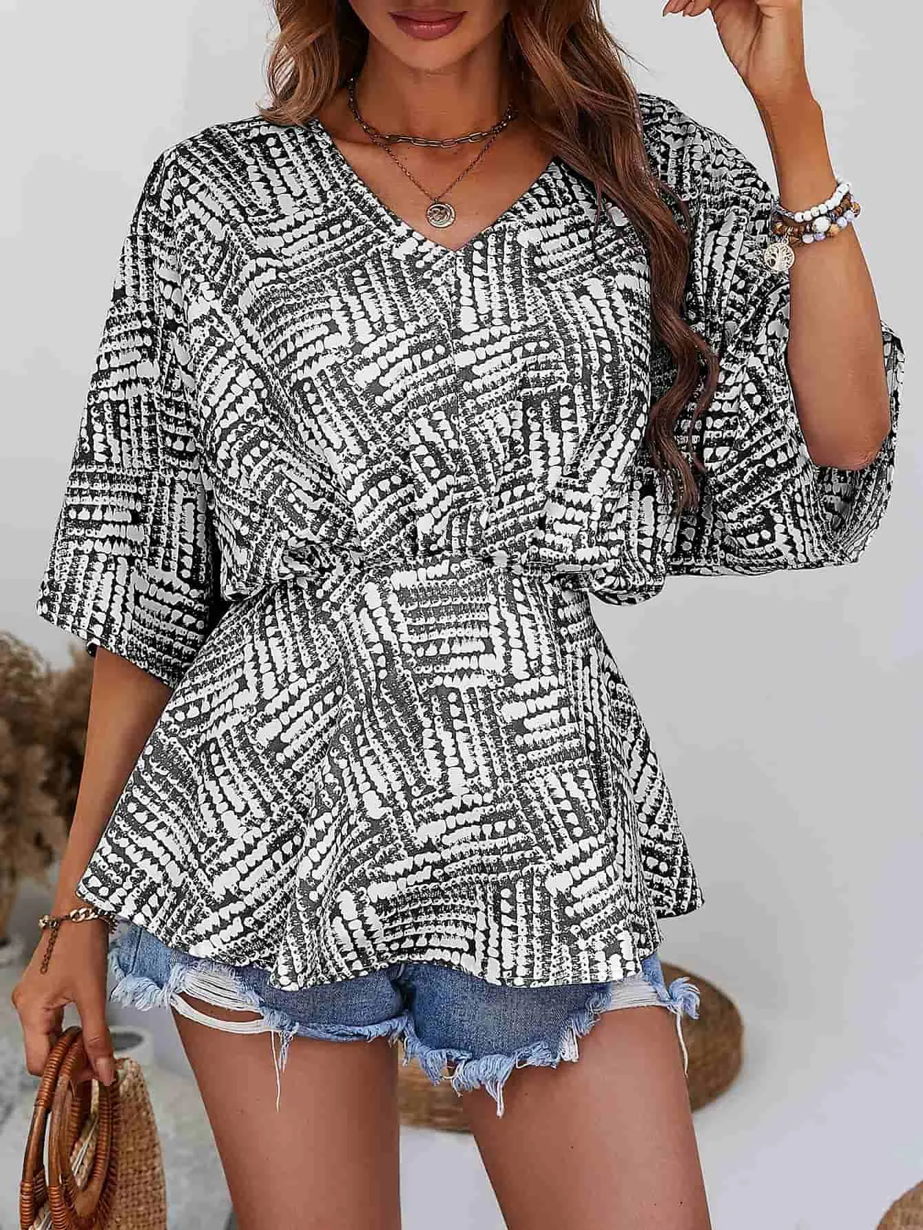 Printed V-Neck Dolman Sleeve Blouse sold by Unique Kulture product image thumbnail 4