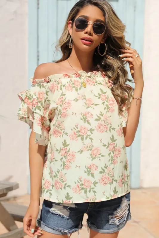 Floral Frill Trim Off-Shoulder Blouse sold by Unique Kulture