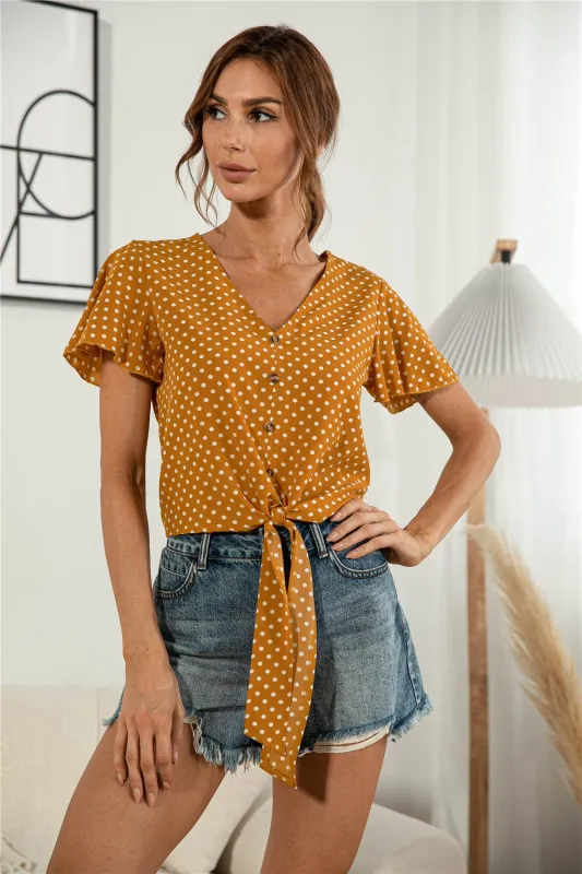 Decorative Button V-Neck Tied Blouse sold by Unique Kulture