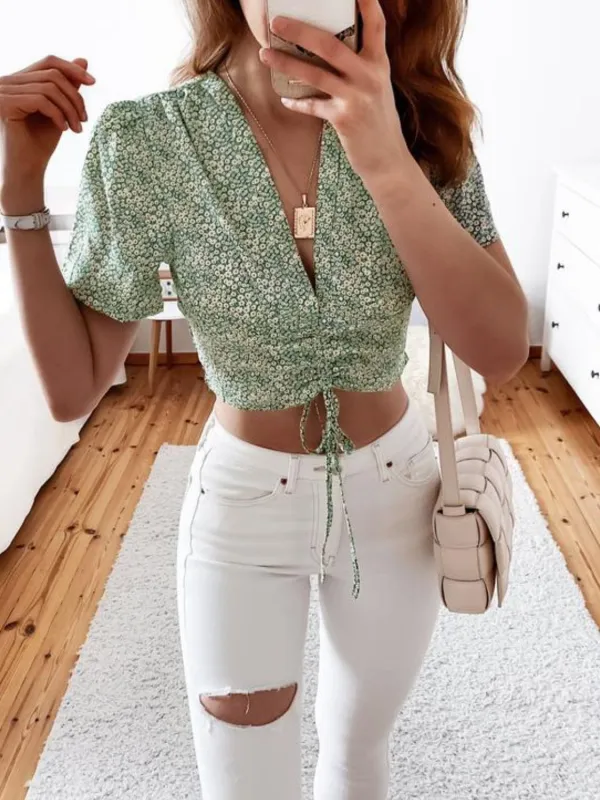 Floral Drawstring Deep V Cropped Blouse made by Trendsi