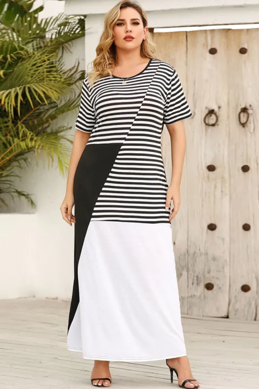Plus Size Striped Color Block Round Neck Dress sold by Unique Kulture