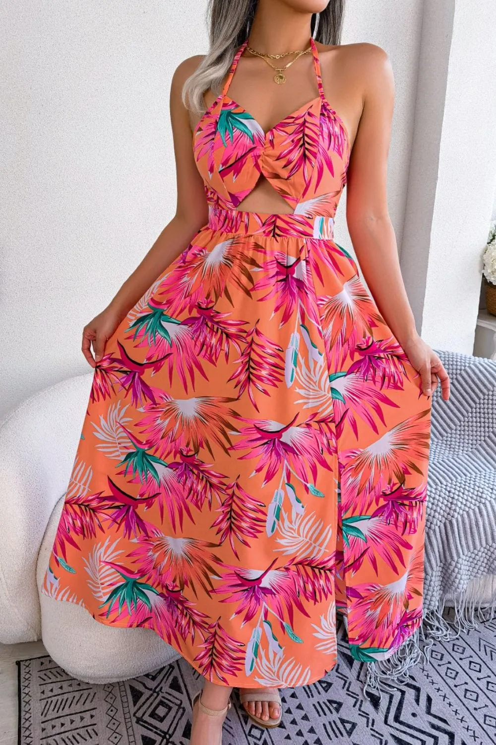 Botanical Print Tied Backless Cutout Slit Dress sold by Unique Kulture product image thumbnail 4