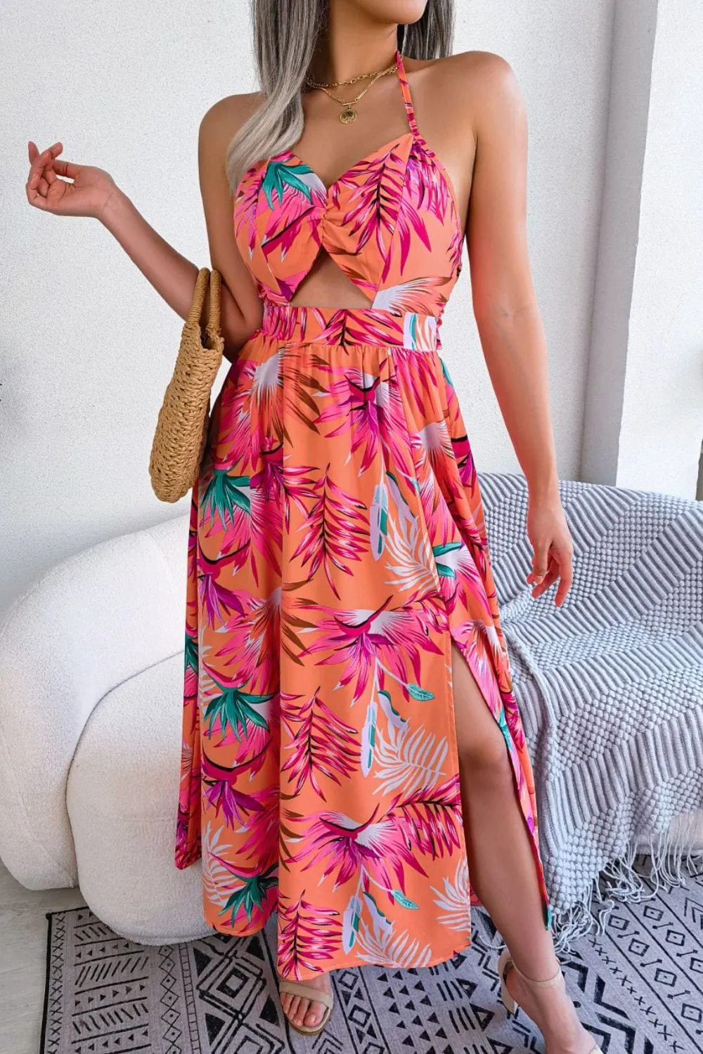 Botanical Print Tied Backless Cutout Slit Dress sold by Unique Kulture