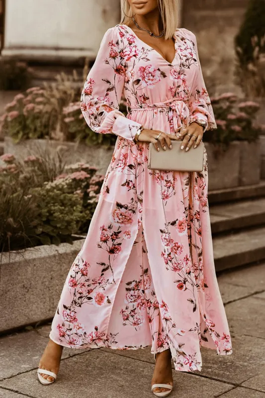 Floral Tie Belt Bishop Sleeve Slit Maxi Dress made by Unique Kulture