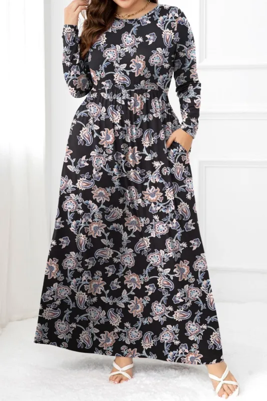 Plus Size Round Neck Long Sleeve Maxi Dress with Pockets made by Trendsi
