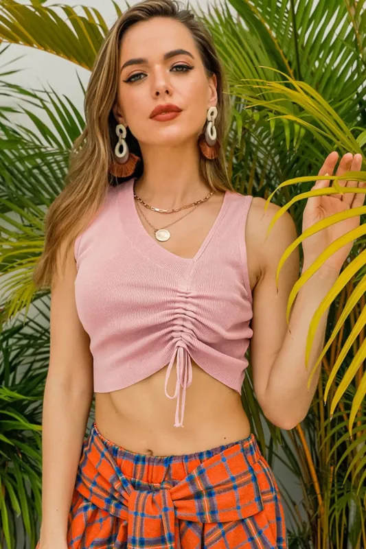 Drawstring Ruched Asymmetrical Neck Cropped Knit Top sold by Unique Kulture