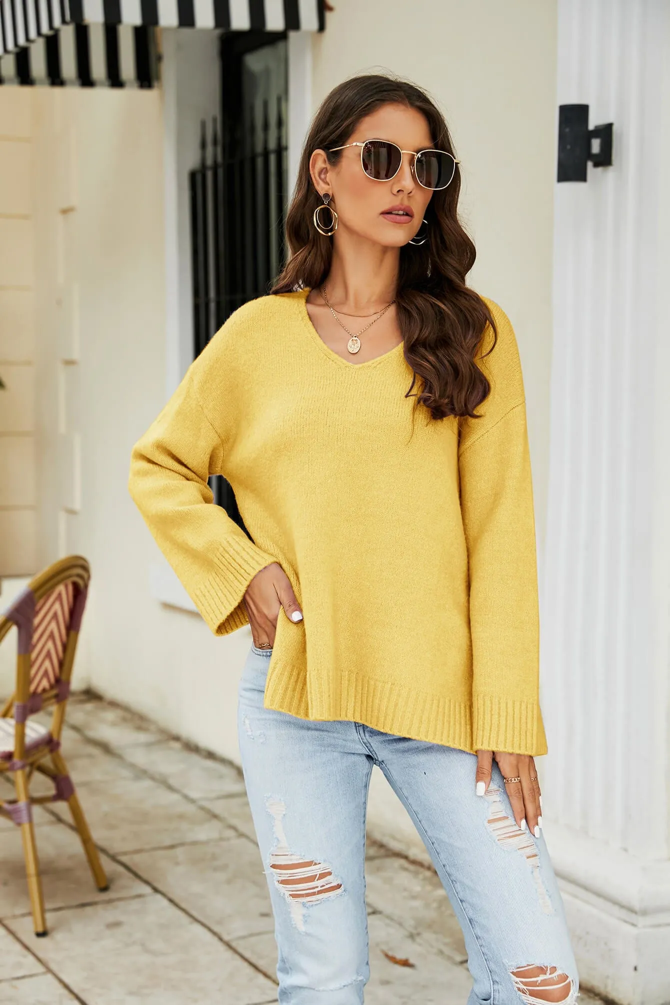 Drop Shoulder V-Neck Knit Pullover sold by Unique Kulture