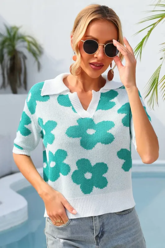 Floral Johnny Collar Half Sleeve Knit Top sold by Unique Kulture