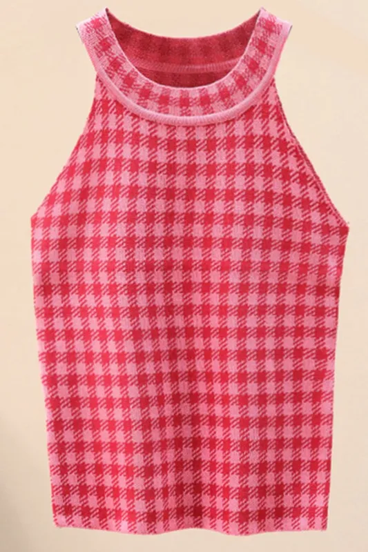 Plaid Round Neck Sleeveless Knit Top made by Trendsi