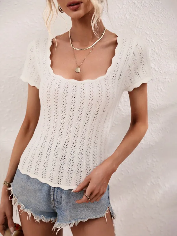 Scalloped Hem Square Neck Knit Top sold by Unique Kulture