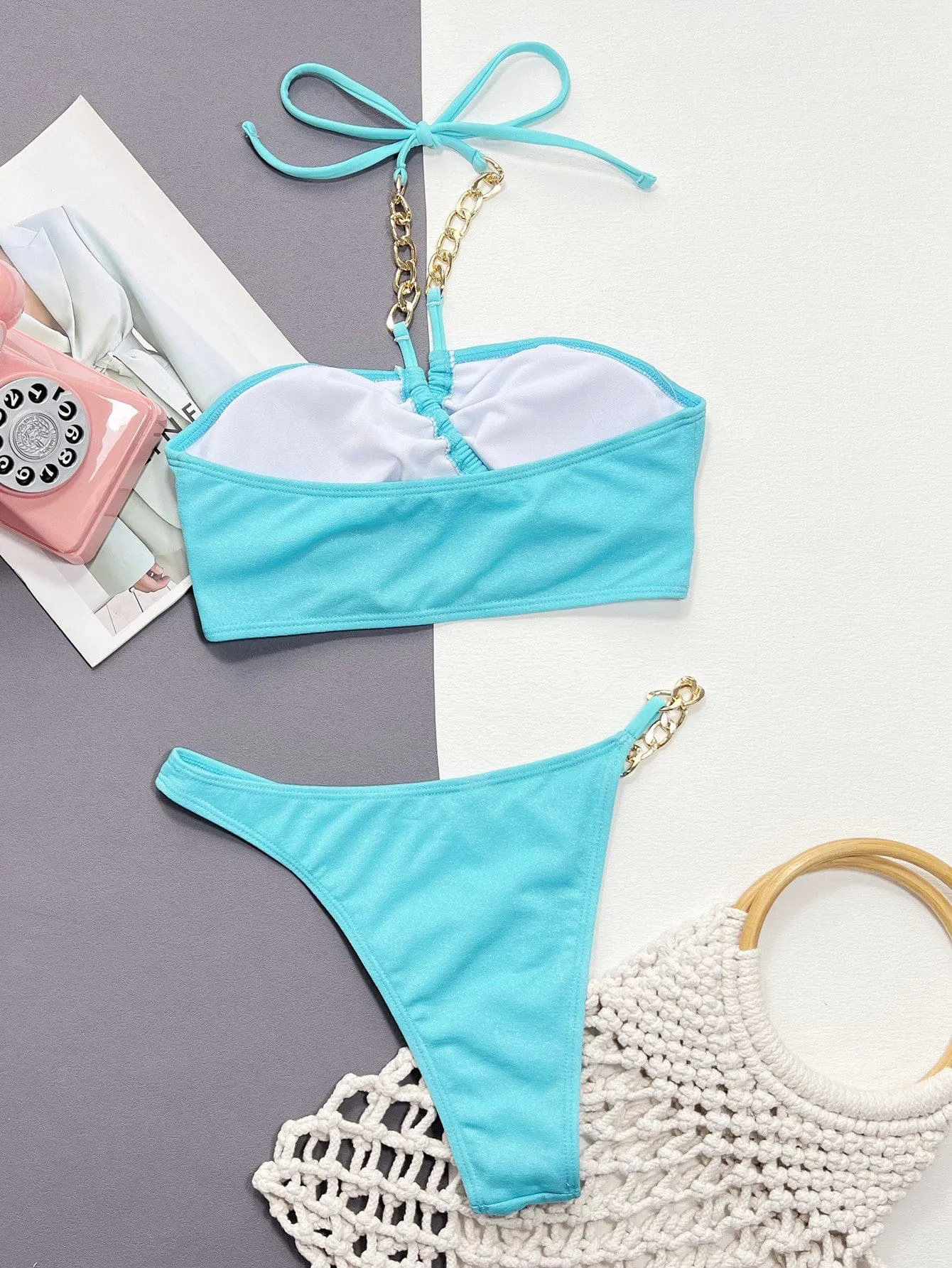 Halter Neck Chain Detail Two-Piece Bikini Set sold by Unique Kulture product image thumbnail 4