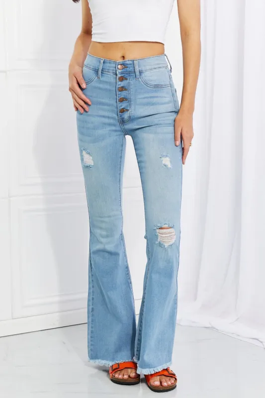 Vibrant MIU Full Size Jess Button Flare Jeans sold by Unique Kulture
