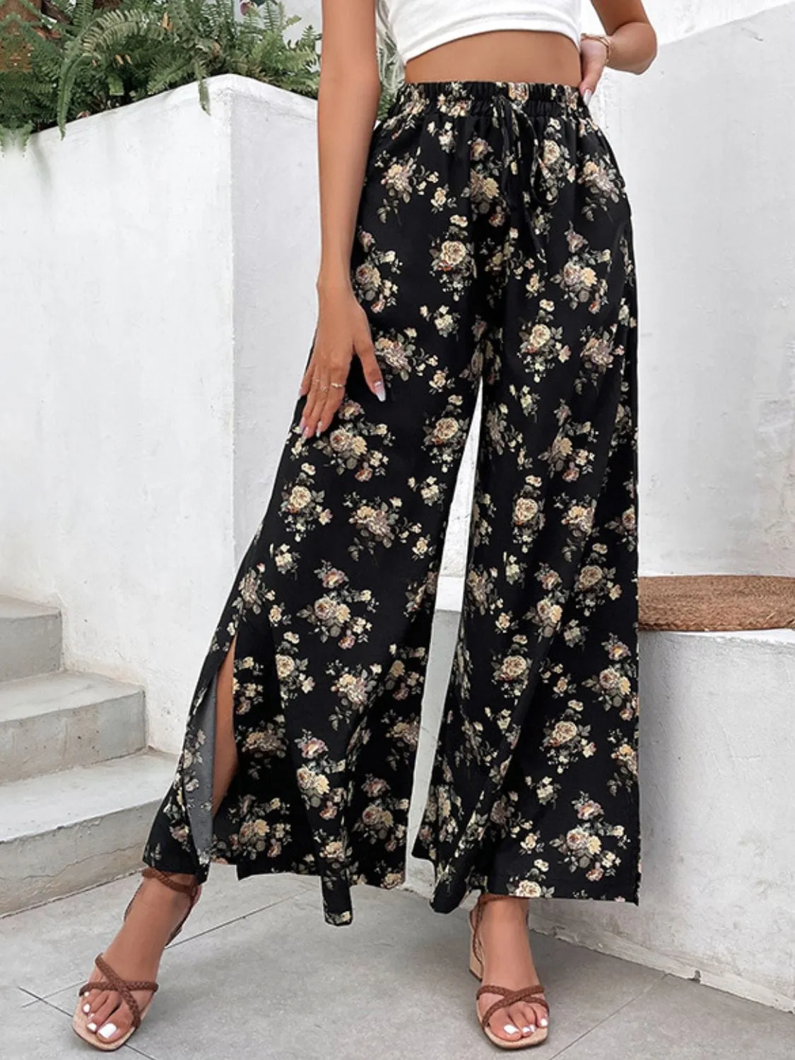 Floral Side Slit Wide Leg Pants sold by Unique Kulture