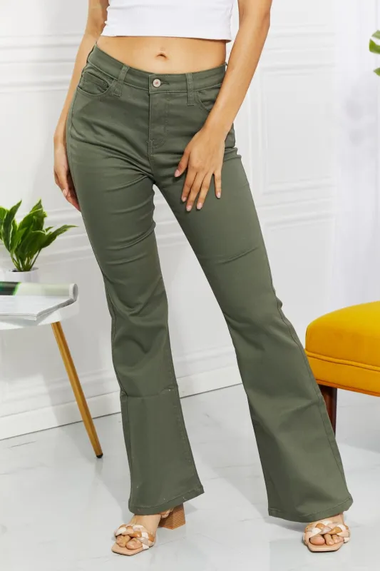 Zenana Clementine Full Size High-Rise Bootcut Jeans in Olive sold by Unique Kulture