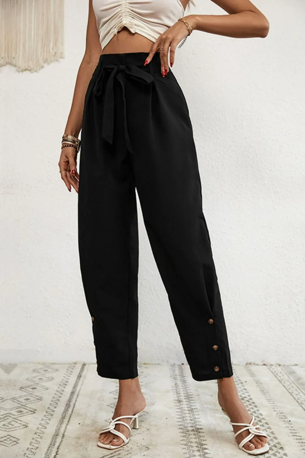 Buttoned Tie-Waist Cropped Pants sold by Unique Kulture product image thumbnail 4
