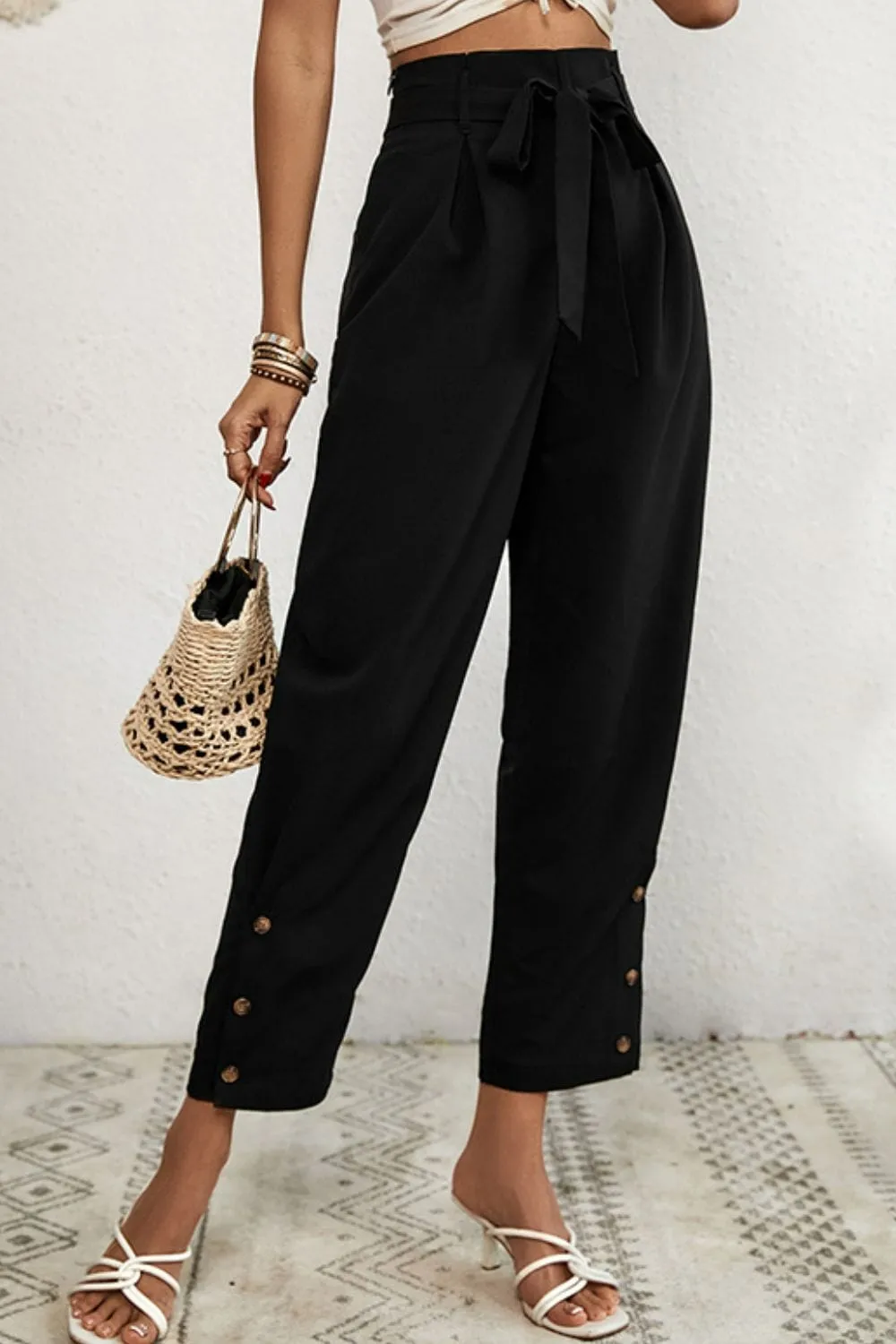 Buttoned Tie-Waist Cropped Pants sold by Unique Kulture