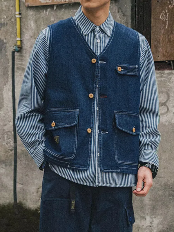 Men's Plus Size V-Neck Button Up Denim Vest made by Trendsi