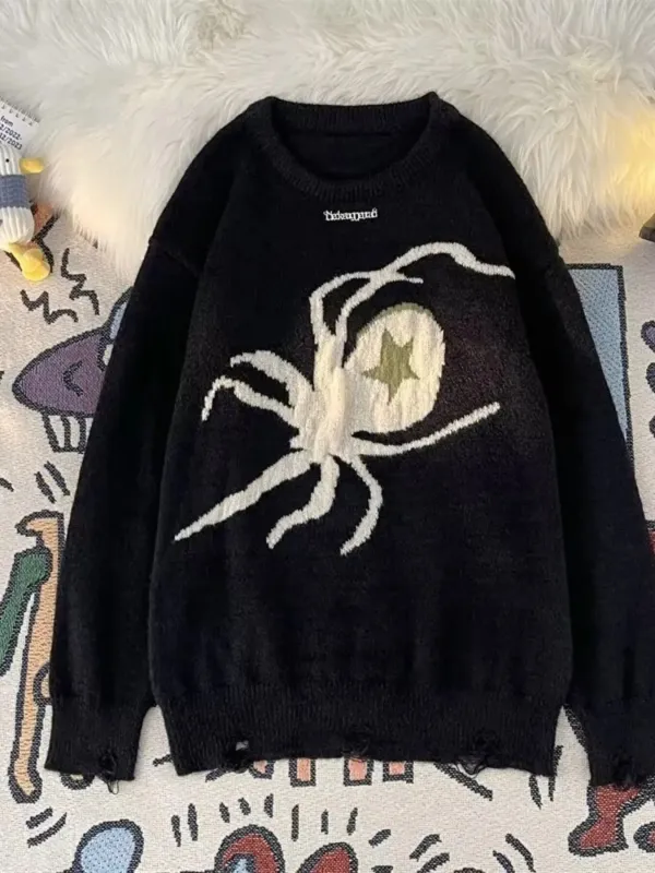 Men's Spider Graphic Distressed Hem Sweater sold by Unique Kulture