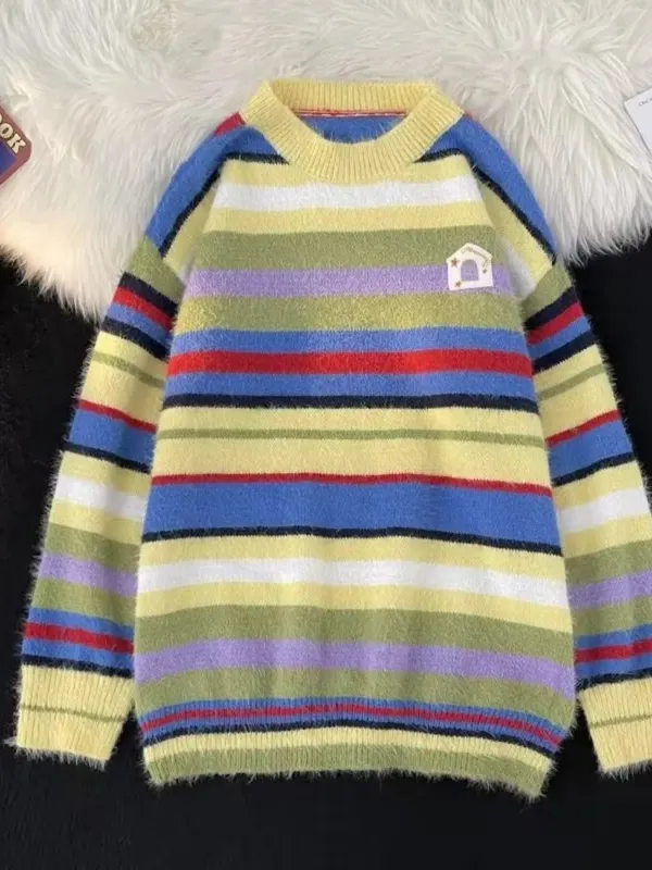 Men's Striped Fuzzy Knit Round Neck Sweater sold by Unique Kulture