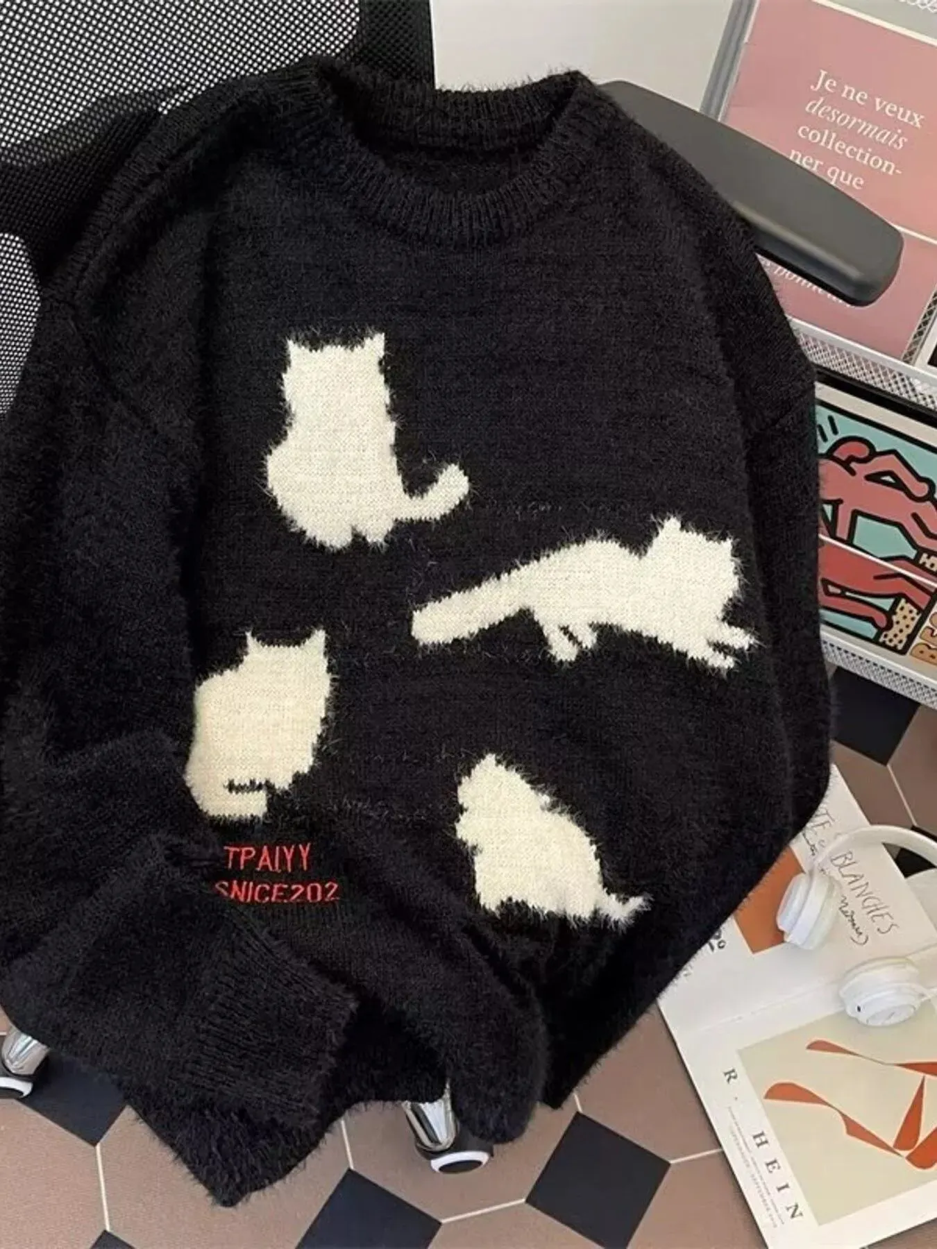 Men's Plus Size Cute Cat Pattern Knitted Pullover sold by Unique Kulture