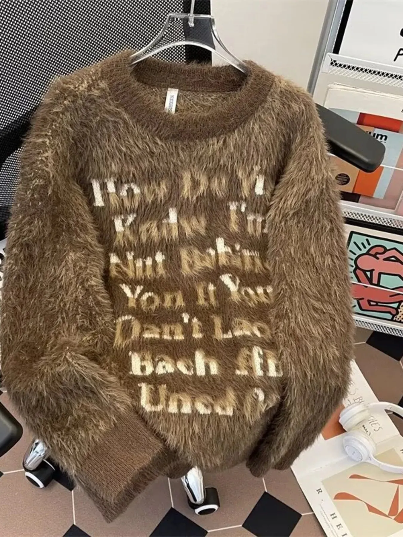 Men's Letter Fuzzy Round Neck Sweater sold by Unique Kulture product image thumbnail 3