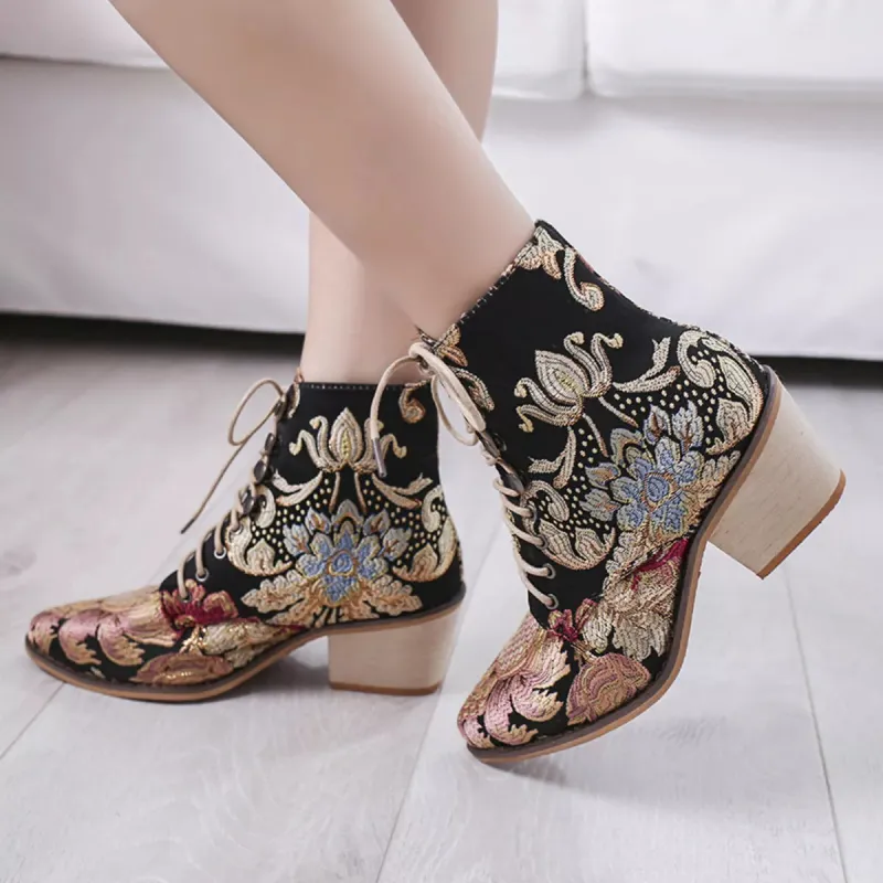 Embroidered Floral Lace-Up Ankle Boots sold by Unique Kulture