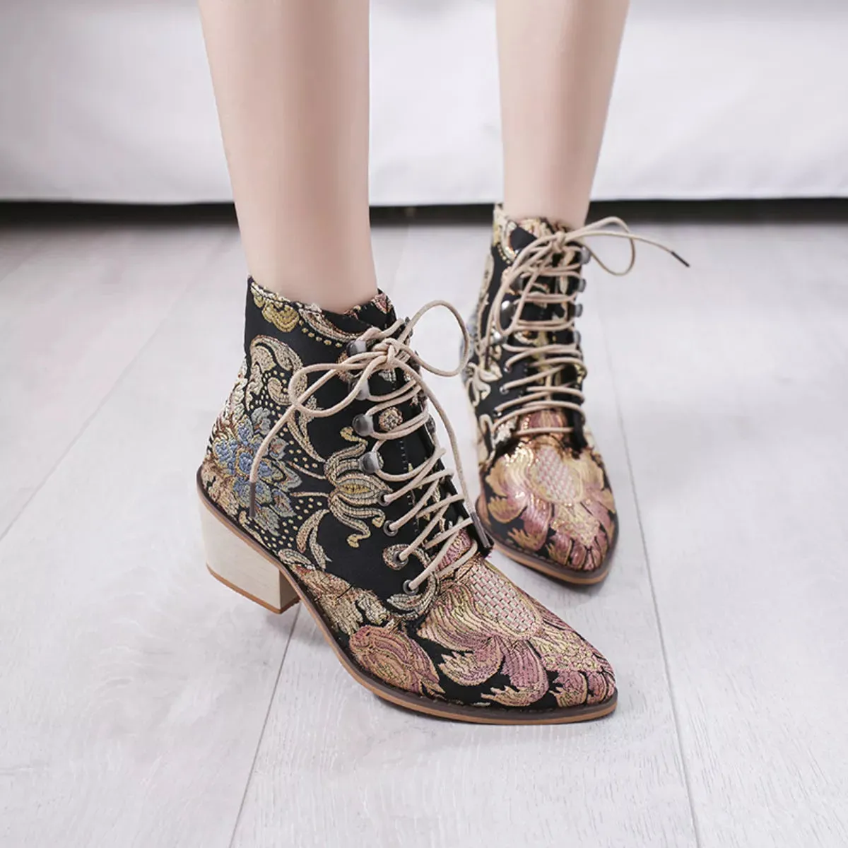 Embroidered Floral Lace-Up Ankle Boots sold by Unique Kulture product image thumbnail 5