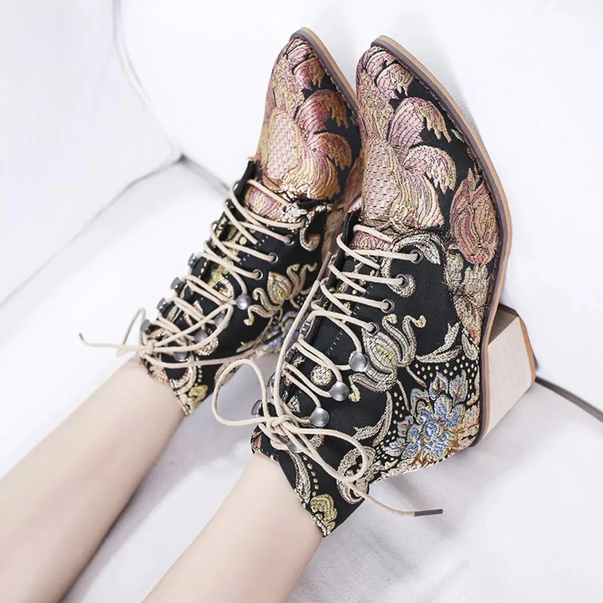 Embroidered Floral Lace-Up Ankle Boots sold by Unique Kulture product image thumbnail 2