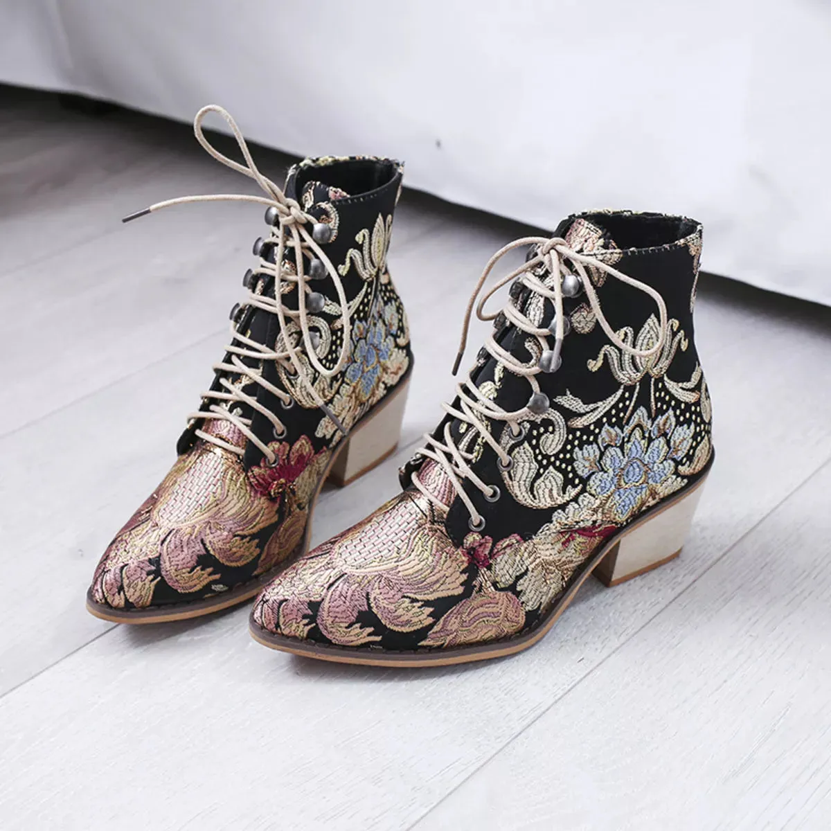 Embroidered Floral Lace-Up Ankle Boots sold by Unique Kulture product image thumbnail 3