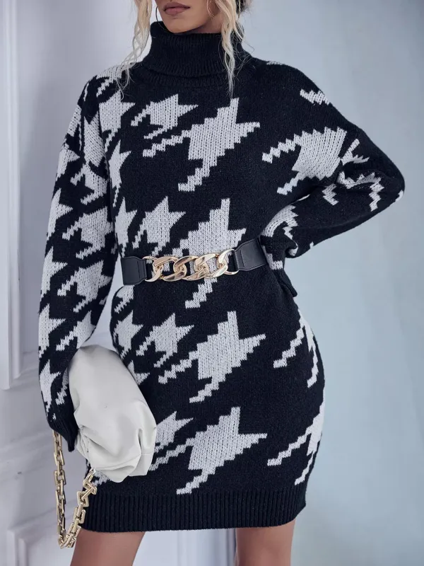 Houndstooth Pattern Turtleneck Sweater Dress sold by Unique Kulture