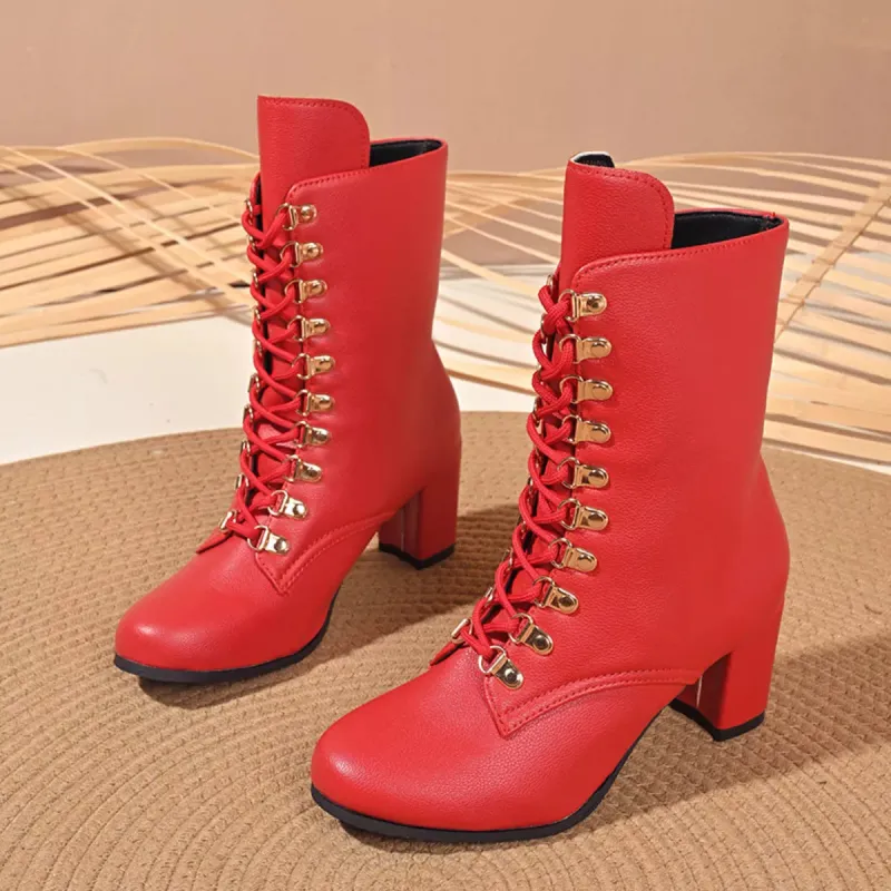 Lace-Up Boots with Block Heel made by Trendsi