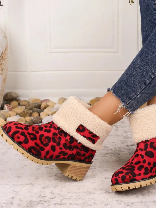 Leopard Block Heel Fuzzy Boots made by Trendsi