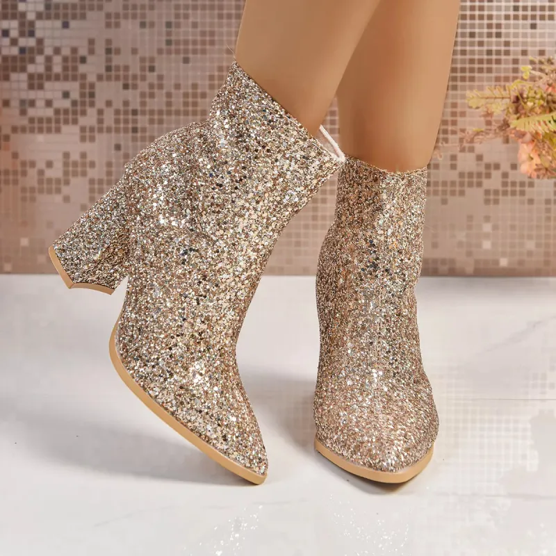 Sequin Point Toe Block Heels Boots made by Unique Kulture