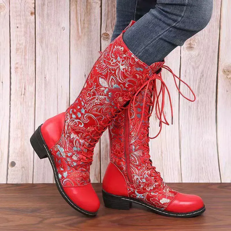Embroidered Lace-Up Block Heel Boots sold by Unique Kulture