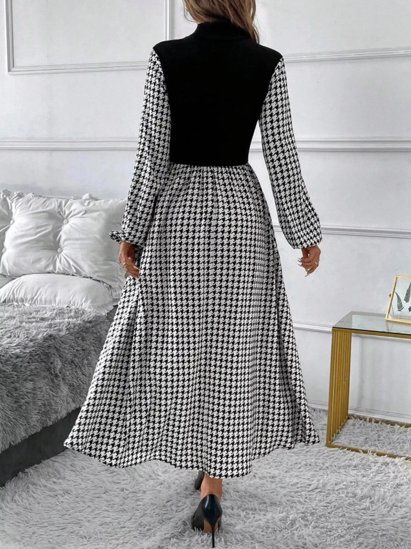 Houndstooth Mock Neck A-Line Dress sold by Unique Kulture product image thumbnail 2