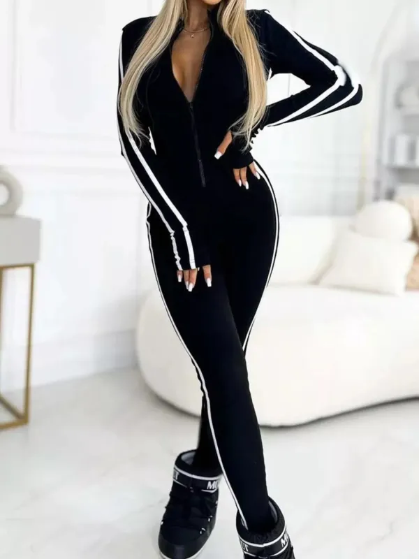 Full Size Stripe Zip-Front Long Sleeve Jumpsuit Plus Size sold by Unique Kulture