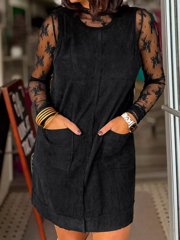 Corduroy Sleeveless Mini Dress with Patched Pockets sold by Unique Kulture