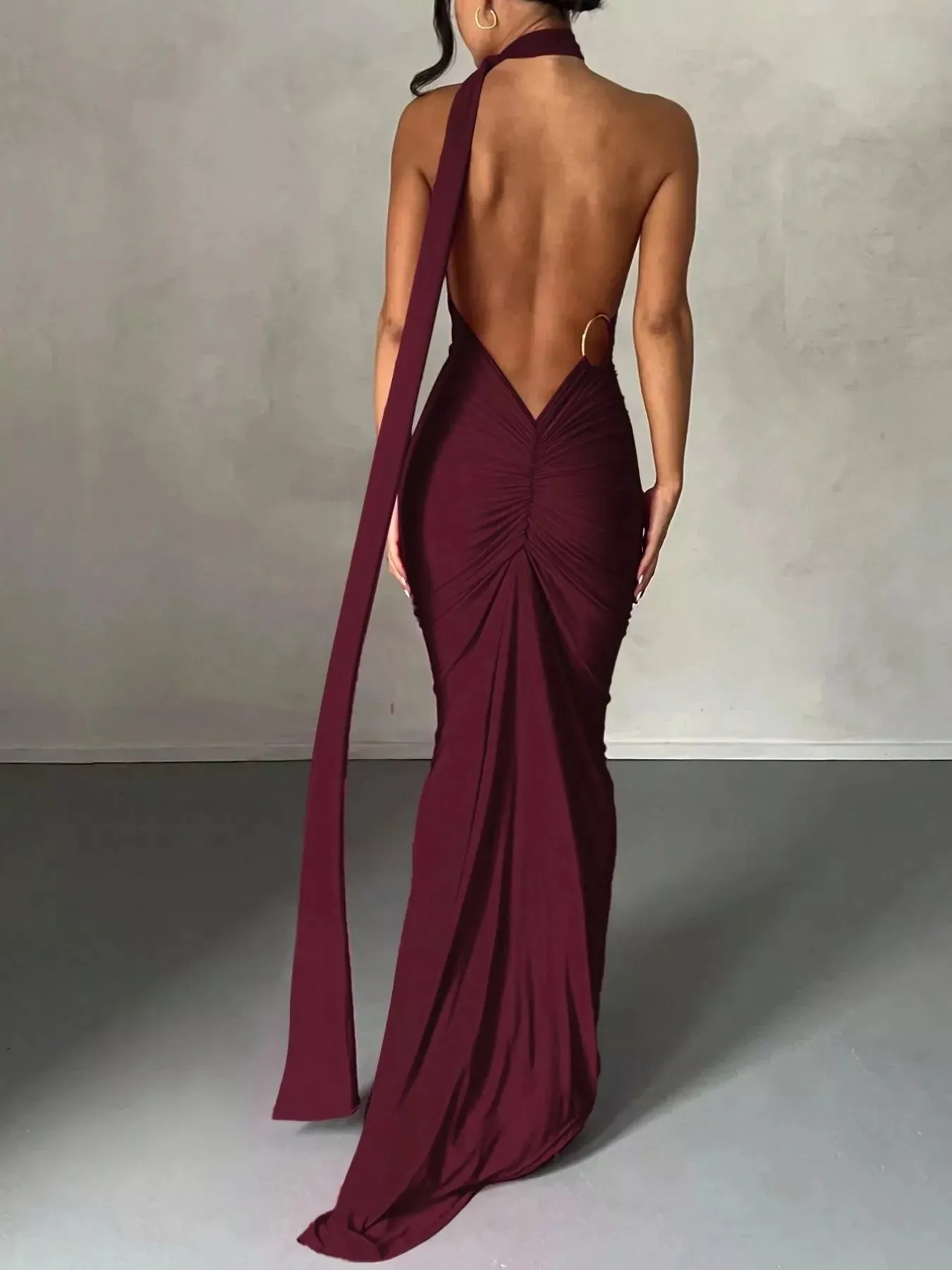Backless One-Shoulder Ruched Bodycon Maxi Dress sold by Unique Kulture product image thumbnail 2