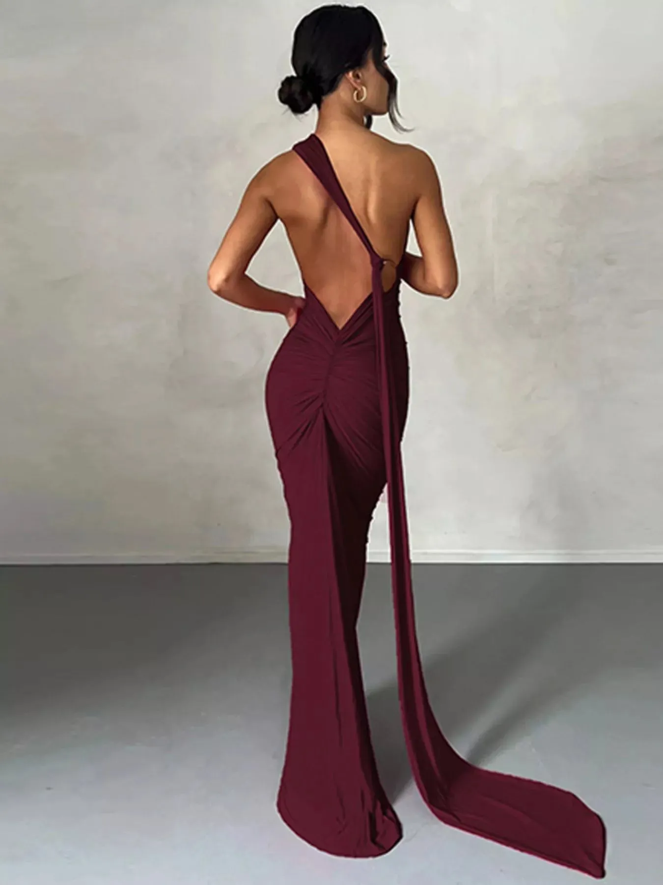 Backless One-Shoulder Ruched Bodycon Maxi Dress sold by Unique Kulture product image thumbnail 3