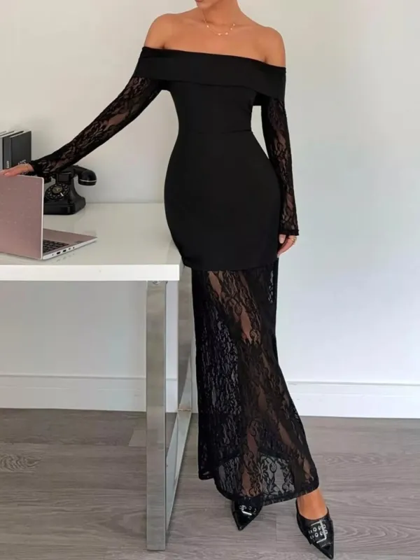 Off-Shoulder Lace Long Sleeve Maxi Dress made by Trendsi