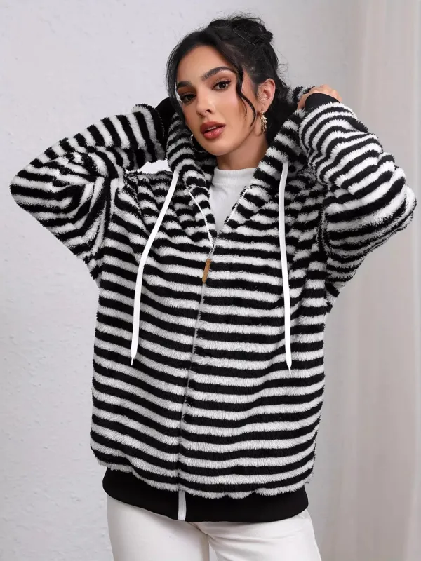 Striped Plush Zip-Up Hooded Outerwear sold by Unique Kulture