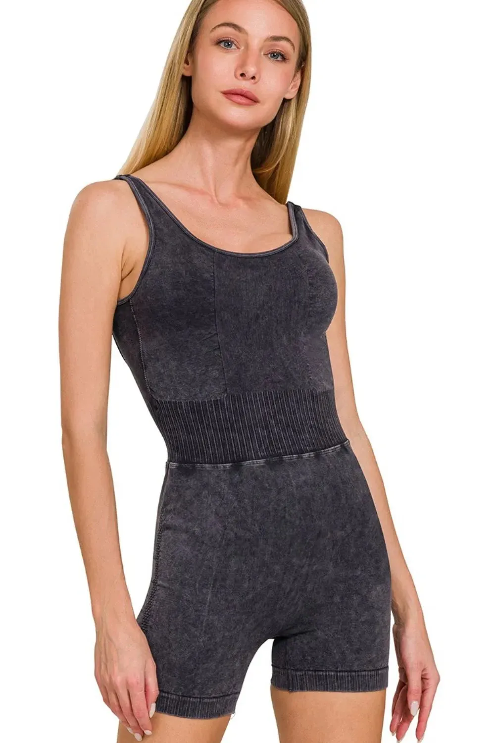Zenana Washed Sports Romper With Removable Bra Pad sold by Unique Kulture
