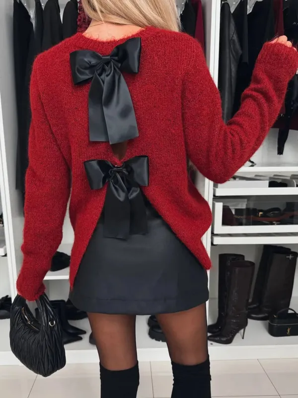 Bow Slit Back Round Neck Sweater sold by Unique Kulture