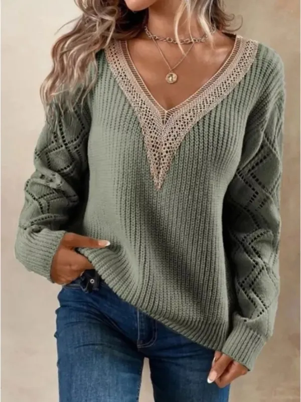 Openwork V-Neck Long Sleeve Sweater sold by Unique Kulture