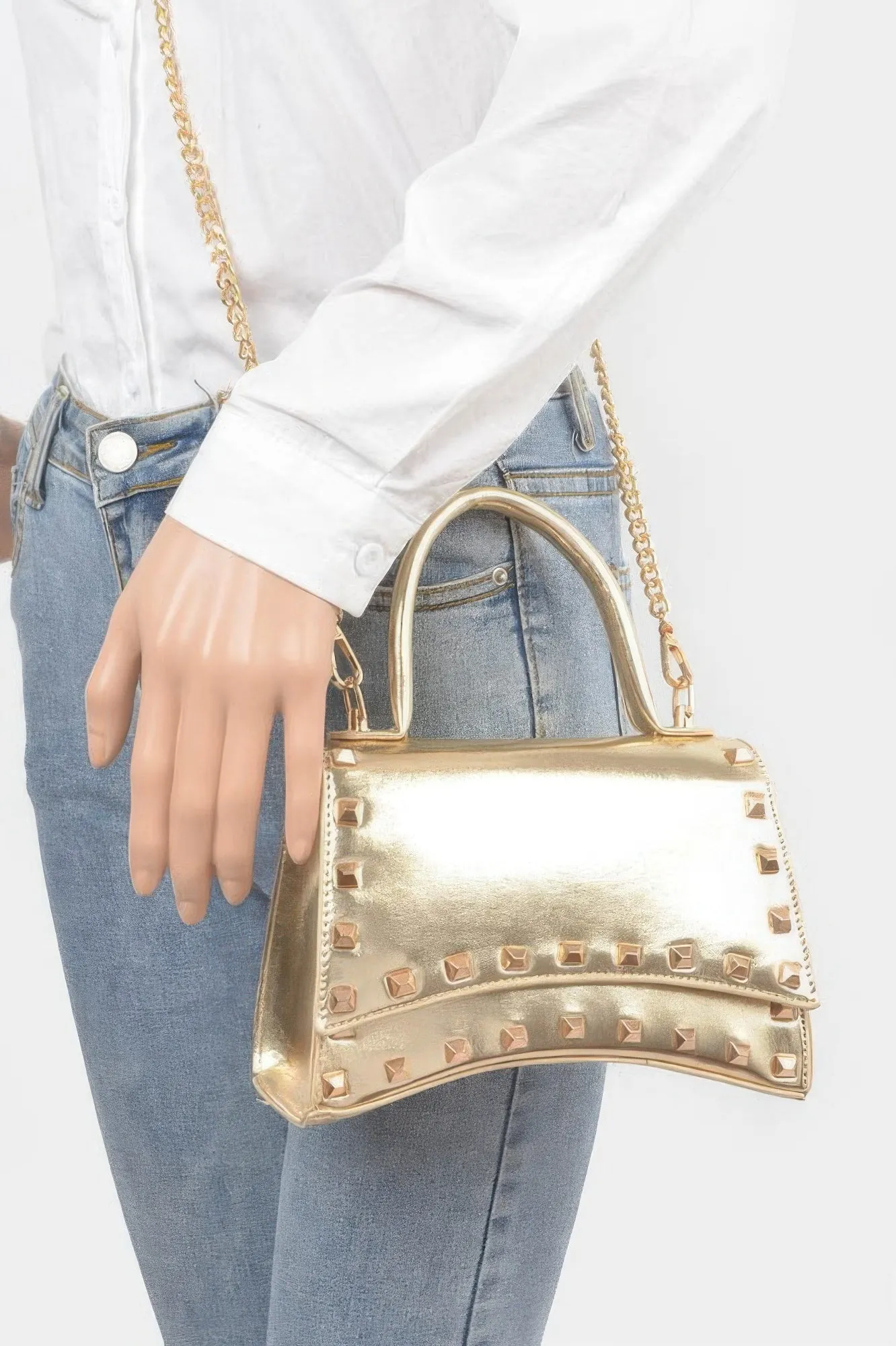 Metallic Faux Leather Studded Top Handle Clutch sold by Unique Kulture product image thumbnail 3