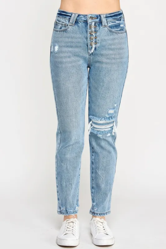 High Rise Button Fly Crop Slim Straight sold by Unique Kulture